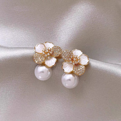Gold Plated Floral Pearl Earrings | Hypoallergenic Stainless Steel Posts