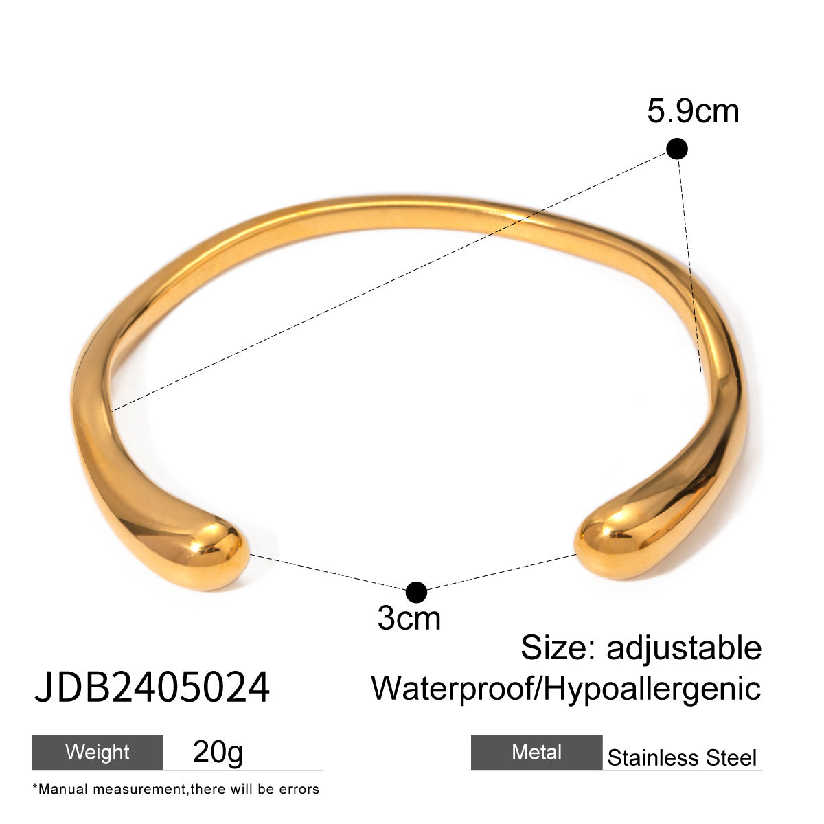 18K Gold Plated Open Cuff Bracelet | Hammered Wave Stainless Steel