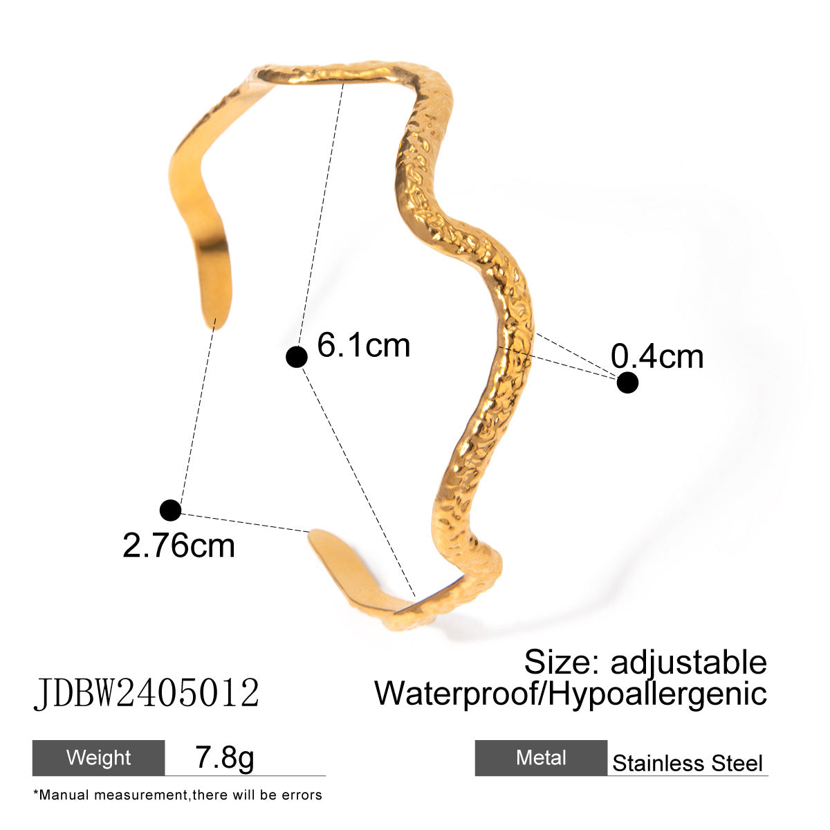18K Gold Plated Open Cuff Bracelet | Hammered Wave Stainless Steel