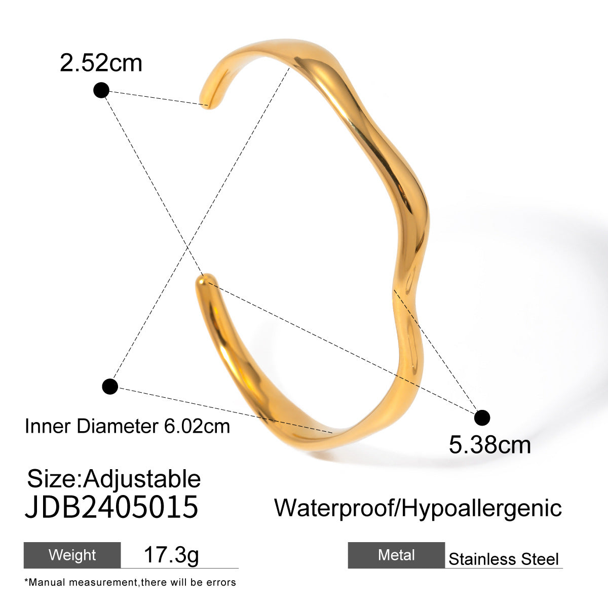 18K Gold Plated Open Cuff Bracelet | Hammered Wave Stainless Steel