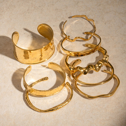 18K Gold Plated Open Cuff Bracelet | Hammered Wave Stainless Steel