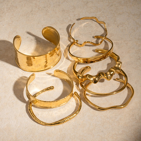 18K Gold Plated Open Cuff Bracelet | Hammered Wave Stainless Steel