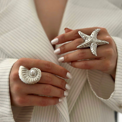 Gold Plated Seashell & Starfish Open Ring | Adjustable Coastal Jewelry