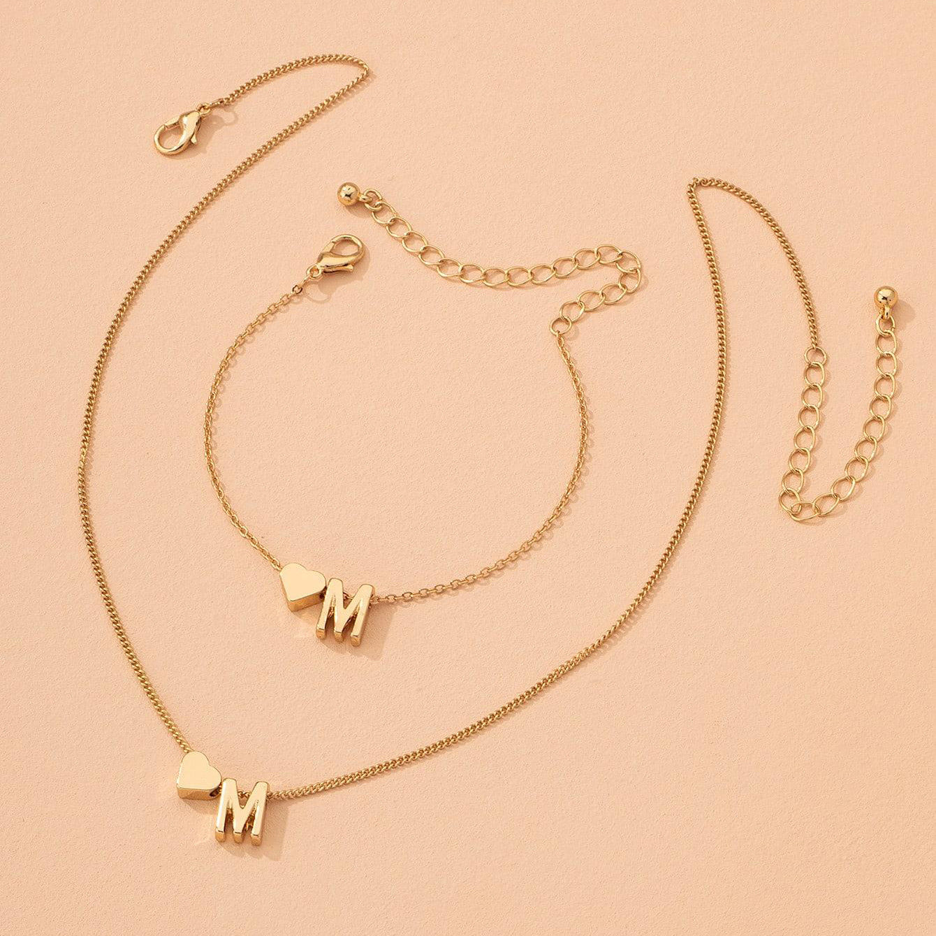 Initial Letter Heart Charm Necklace & Bracelet Set | Gold & Silver