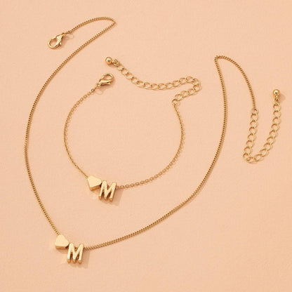 Initial Letter Heart Charm Necklace & Bracelet Set | Gold & Silver