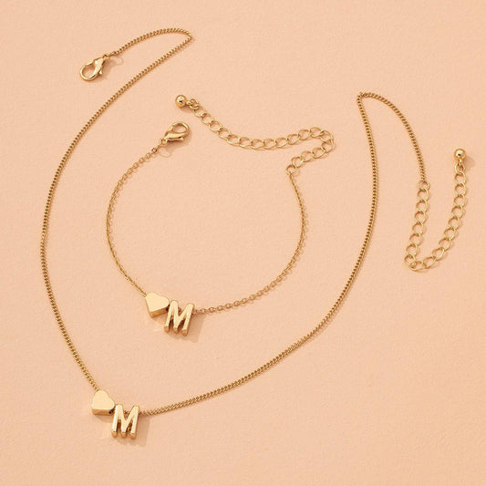 Initial Letter Heart Charm Necklace & Bracelet Set | Gold & Silver