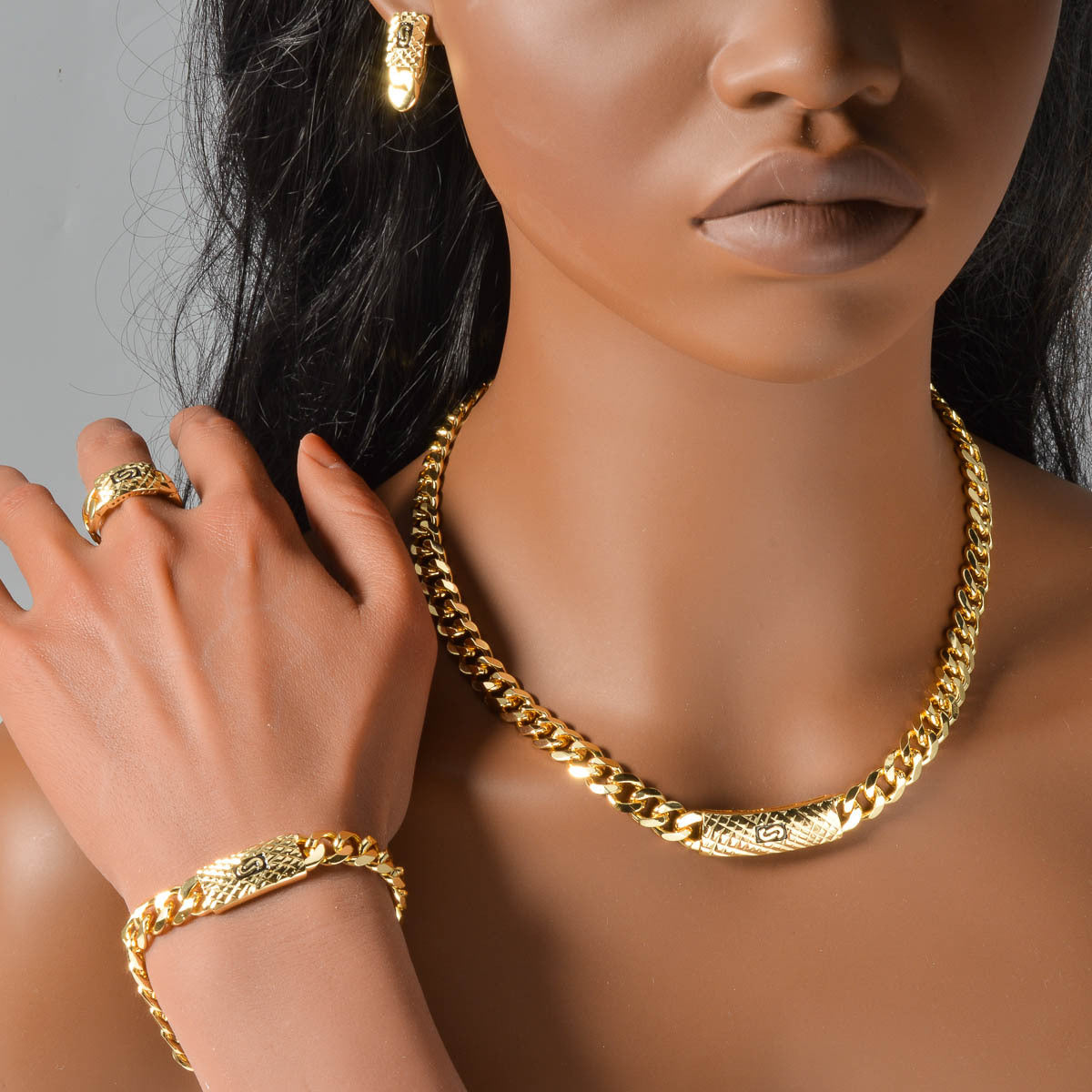 18K Gold Cuban Chain Rhinestone Jewelry Set | Necklace Bracelet Earrings Ring