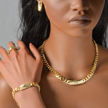 18K Gold Cuban Chain Rhinestone Jewelry Set | Necklace Bracelet Earrings Ring