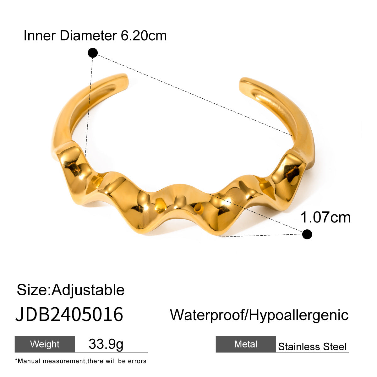 18K Gold Plated Open Cuff Bracelet | Hammered Wave Stainless Steel