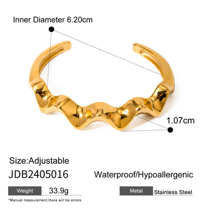 18K Gold Plated Open Cuff Bracelet | Hammered Wave Stainless Steel