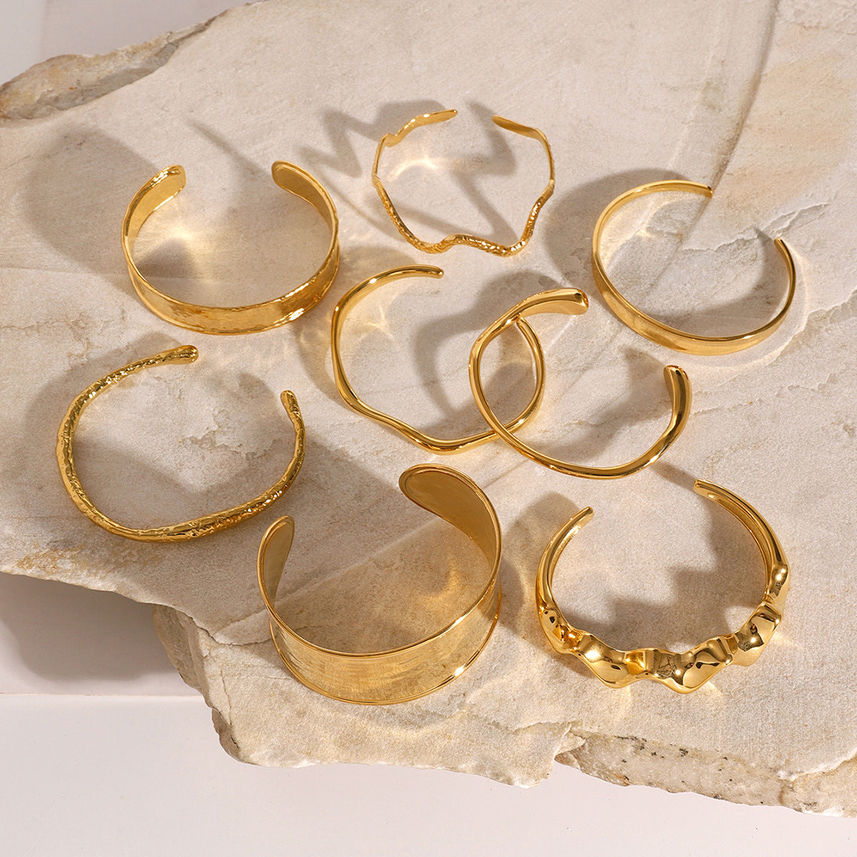 18K Gold Plated Open Cuff Bracelet | Hammered Wave Stainless Steel