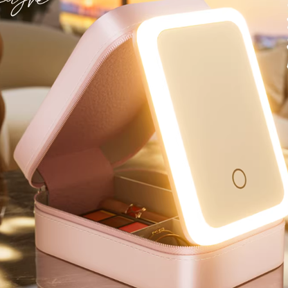 LED Lighted Makeup Bag with Mirror | PU Leather Cosmetic Organizer