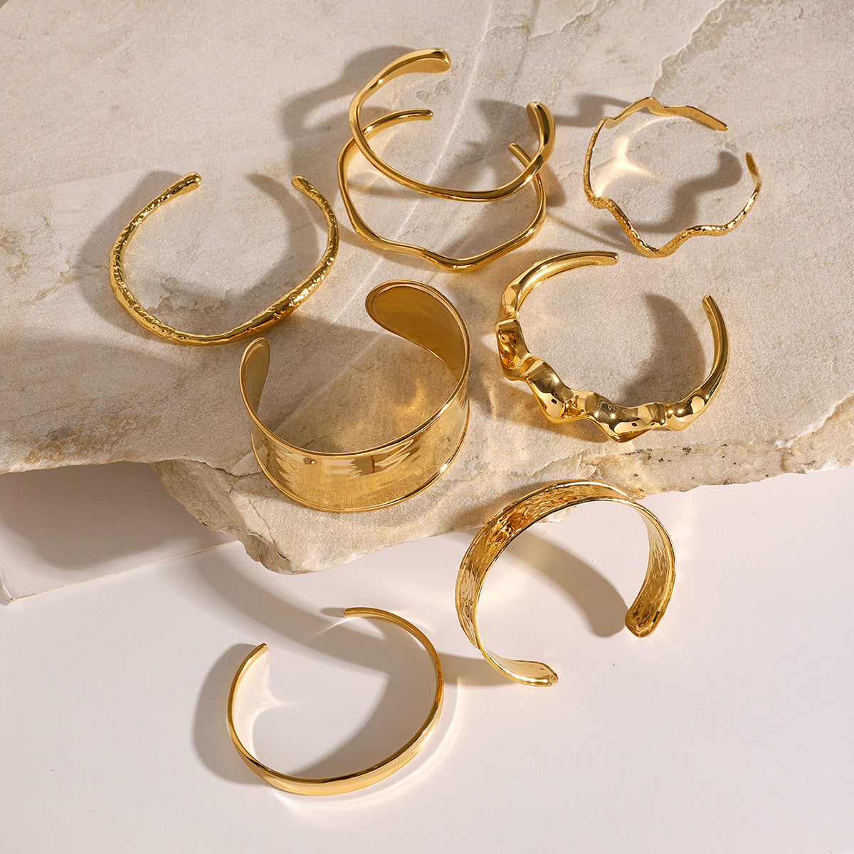 18K Gold Plated Open Cuff Bracelet | Hammered Wave Stainless Steel