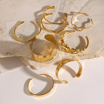 18K Gold Plated Open Cuff Bracelet | Hammered Wave Stainless Steel
