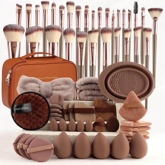 67-Piece Makeup Brush Set with Powder Puffs & Cosmetic Bag | Complete Kit