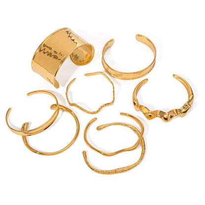 18K Gold Plated Open Cuff Bracelet | Hammered Wave Stainless Steel