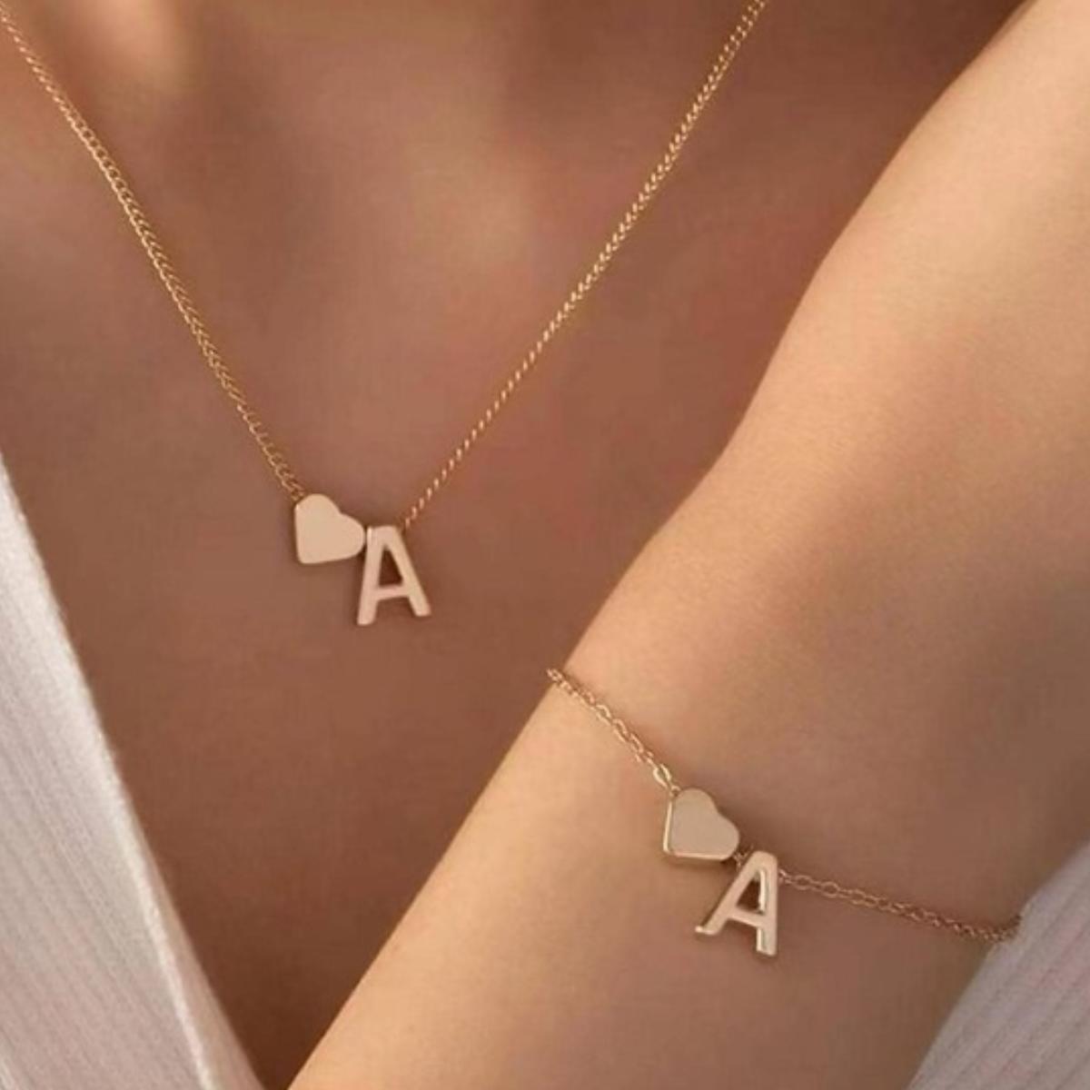 Initial Letter Heart Charm Necklace & Bracelet Set | Gold & Silver