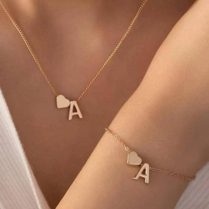 Initial Letter Heart Charm Necklace & Bracelet Set | Gold & Silver