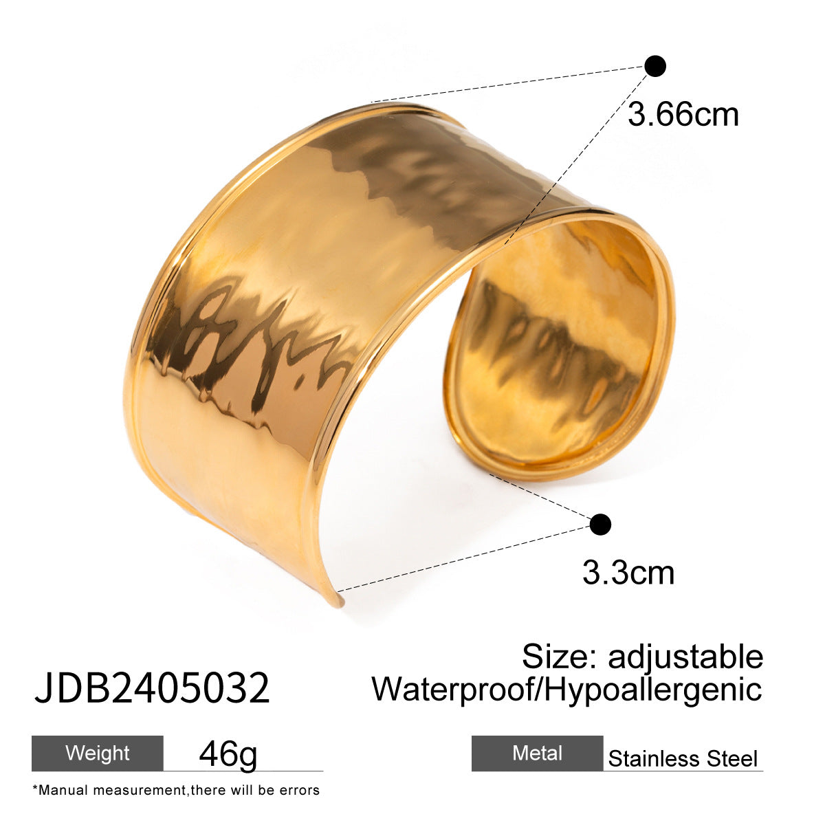 18K Gold Plated Open Cuff Bracelet | Hammered Wave Stainless Steel