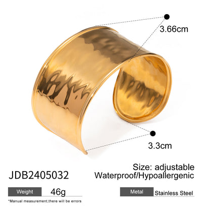 18K Gold Plated Open Cuff Bracelet | Hammered Wave Stainless Steel