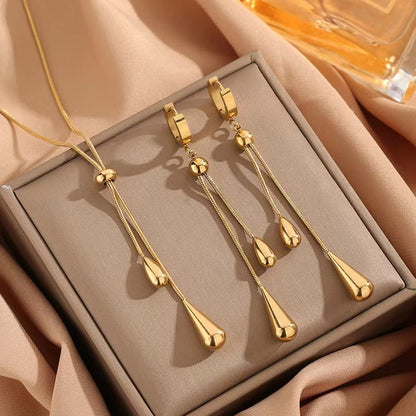 Gold-Plated Tassel Earrings & Necklace Set | Titanium Steel Jewelry