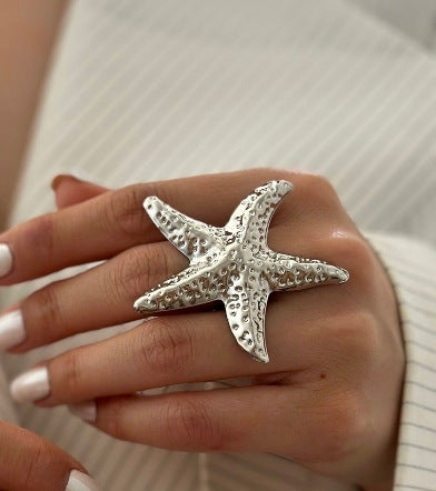 Gold Plated Seashell & Starfish Open Ring | Adjustable Coastal Jewelry