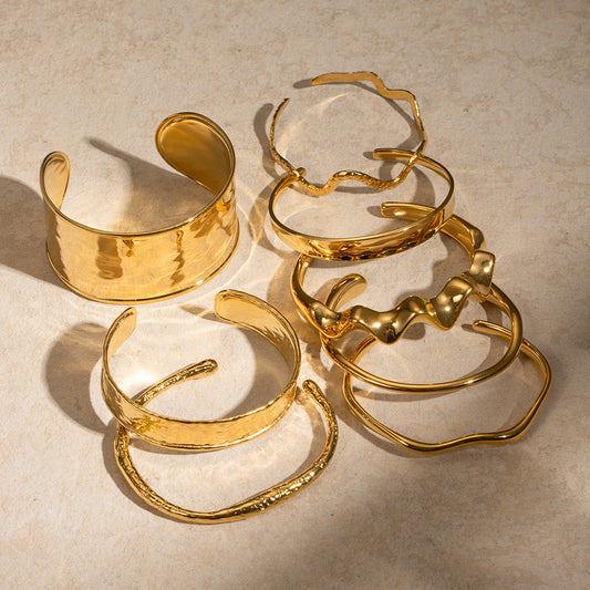 18K Gold Plated Open Cuff Bracelet | Hammered Wave Stainless Steel
