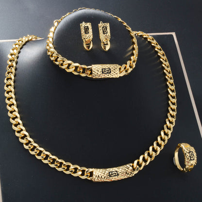18K Gold Cuban Chain Rhinestone Jewelry Set | Necklace Bracelet Earrings Ring