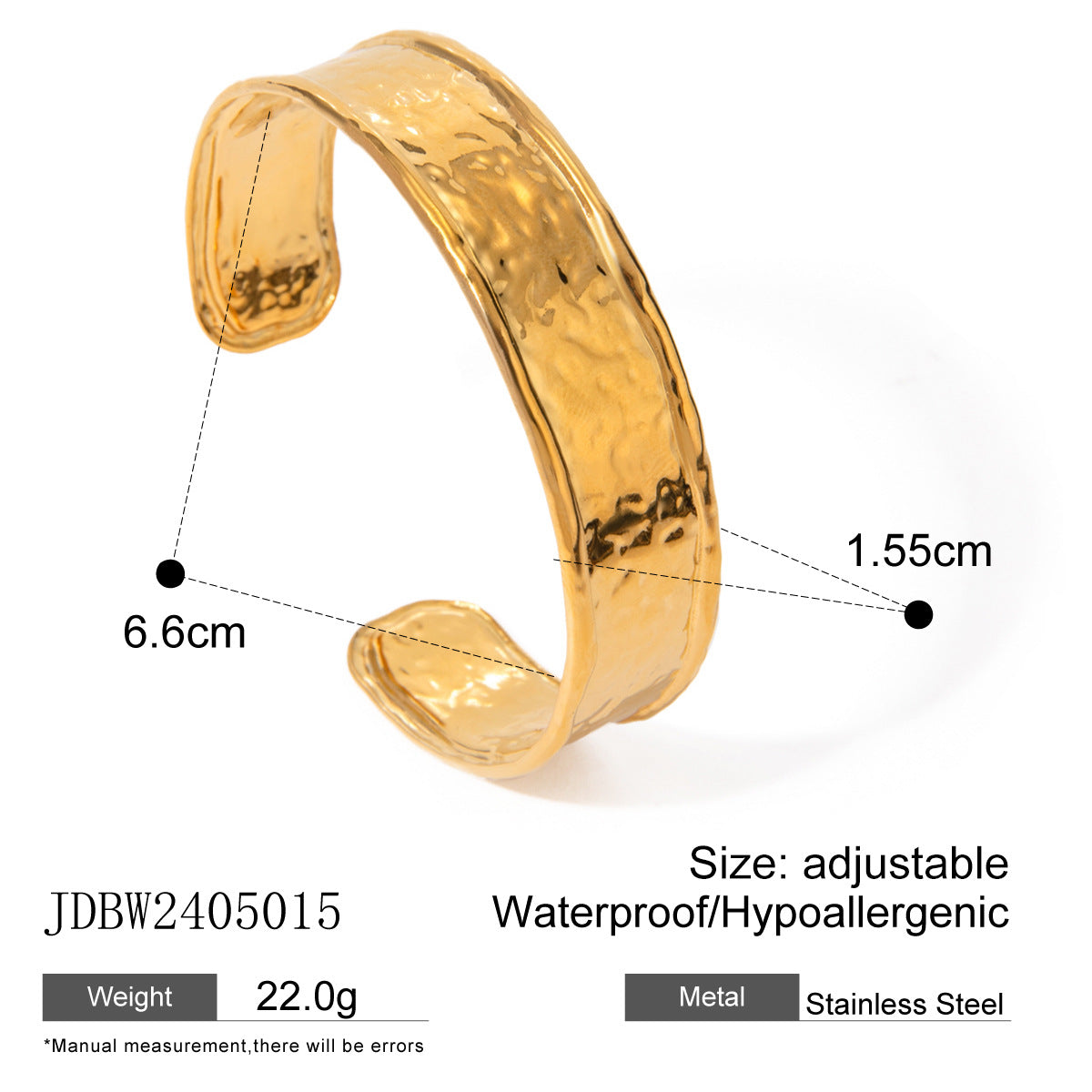 18K Gold Plated Open Cuff Bracelet | Hammered Wave Stainless Steel