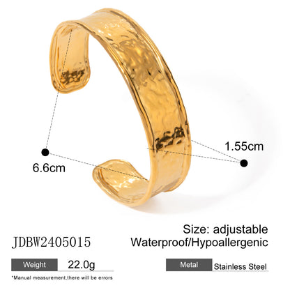 18K Gold Plated Open Cuff Bracelet | Hammered Wave Stainless Steel