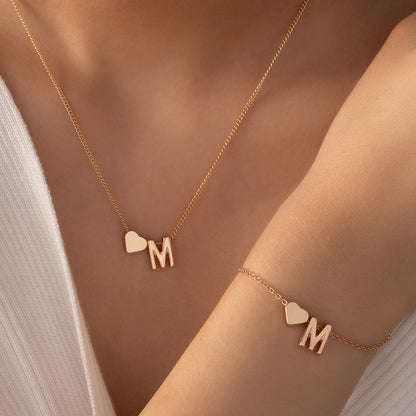 Initial Letter Heart Charm Necklace & Bracelet Set | Gold & Silver