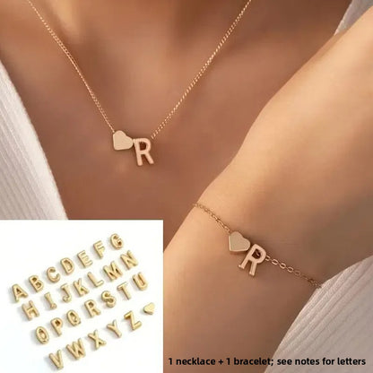 Initial Letter Heart Charm Necklace & Bracelet Set | Gold & Silver