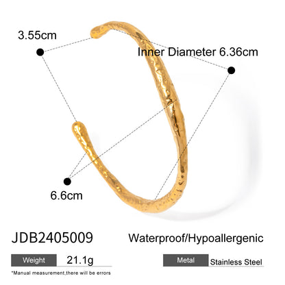 18K Gold Plated Open Cuff Bracelet | Hammered Wave Stainless Steel