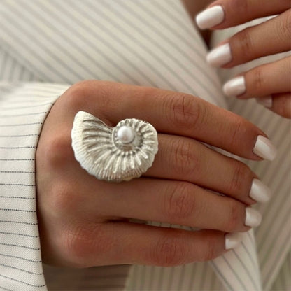 Gold Plated Seashell & Starfish Open Ring | Adjustable Coastal Jewelry