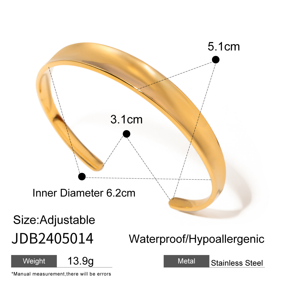18K Gold Plated Open Cuff Bracelet | Hammered Wave Stainless Steel