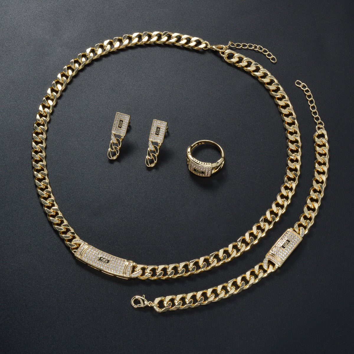 18K Gold Cuban Chain Rhinestone Jewelry Set | Necklace Bracelet Earrings Ring