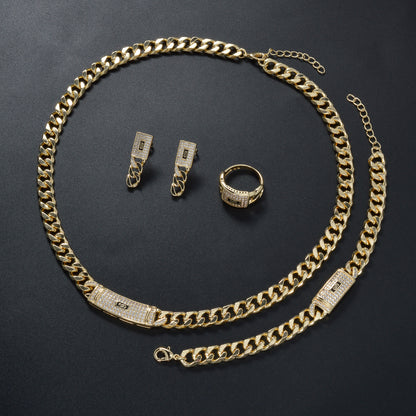 18K Gold Cuban Chain Rhinestone Jewelry Set | Necklace Bracelet Earrings Ring