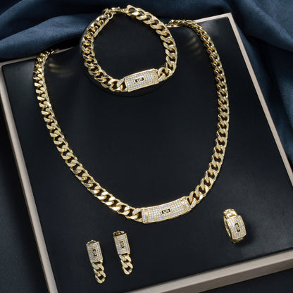 18K Gold Cuban Chain Rhinestone Jewelry Set | Necklace Bracelet Earrings Ring