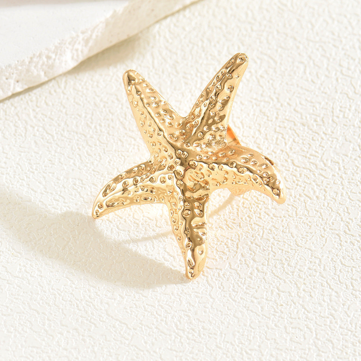 Gold Plated Seashell & Starfish Open Ring | Adjustable Coastal Jewelry