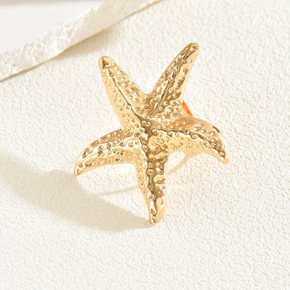 Gold Plated Seashell & Starfish Open Ring | Adjustable Coastal Jewelry