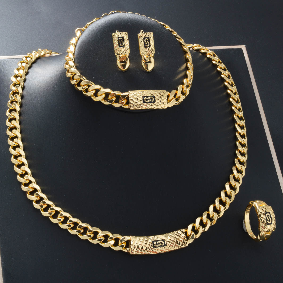 18K Gold Cuban Chain Rhinestone Jewelry Set | Necklace Bracelet Earrings Ring