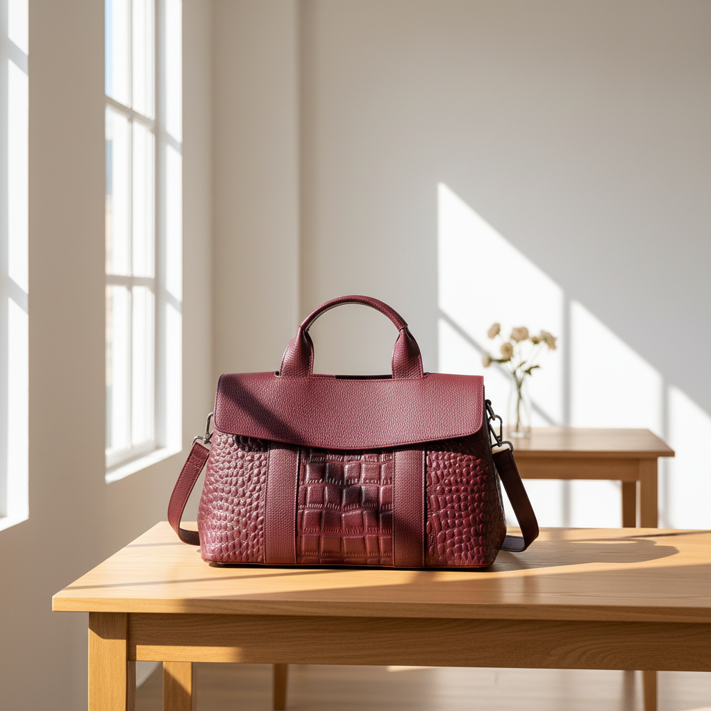 Leather handbag on table in sunny room - Burgundy