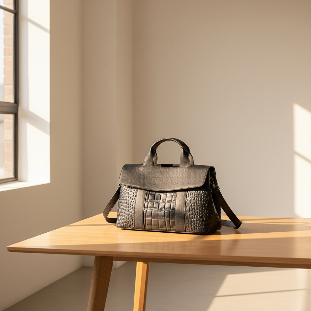 Black black leather handbag on table in sunny room