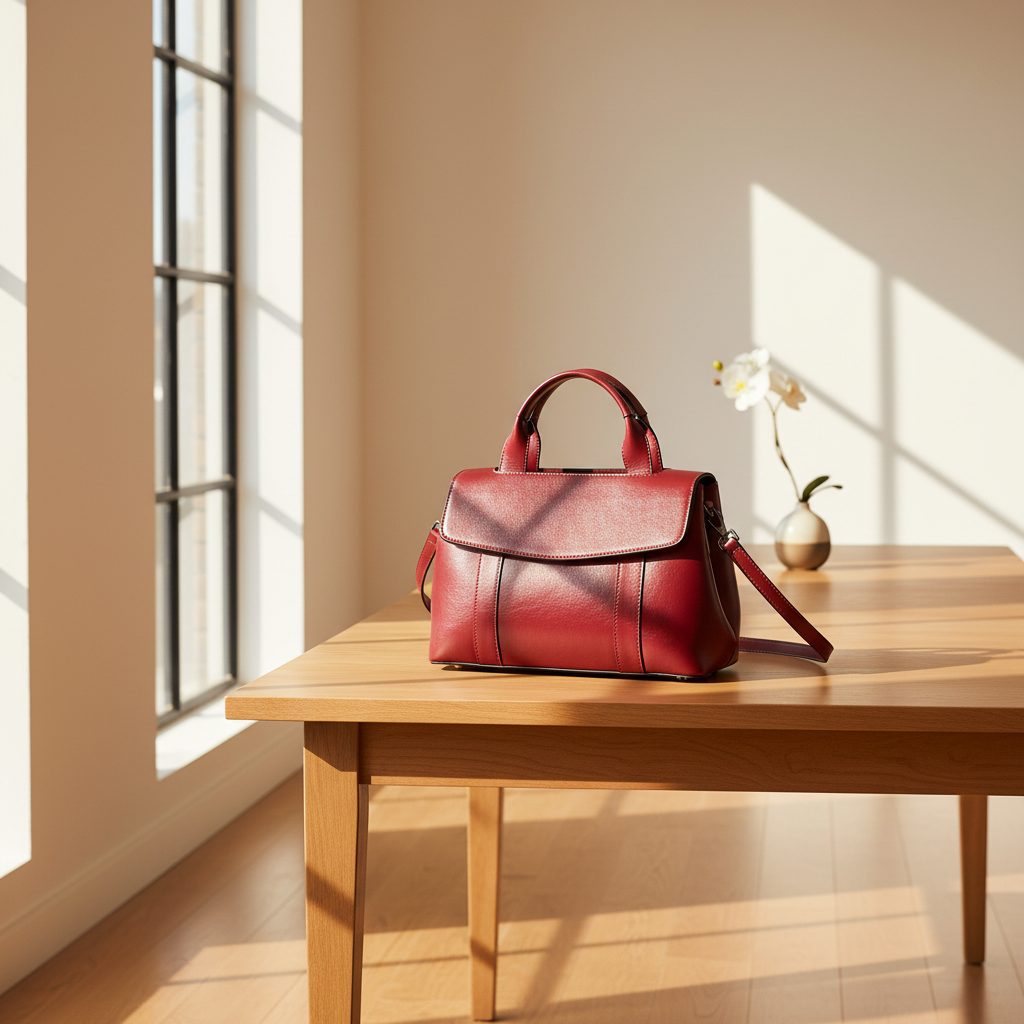 Large wine red leather handbag on table in sunny room
