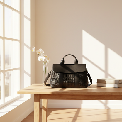 Leather Handbag on Table in Sunny Room